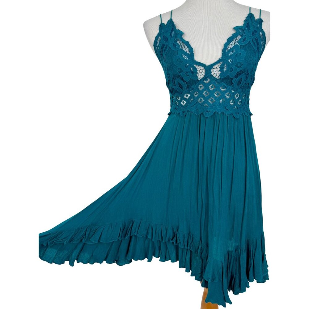 Free People Teal Lace Crochet Trim Ruffled Hem Flowy Casual Boho Slip Dress - Picture 9 of 16